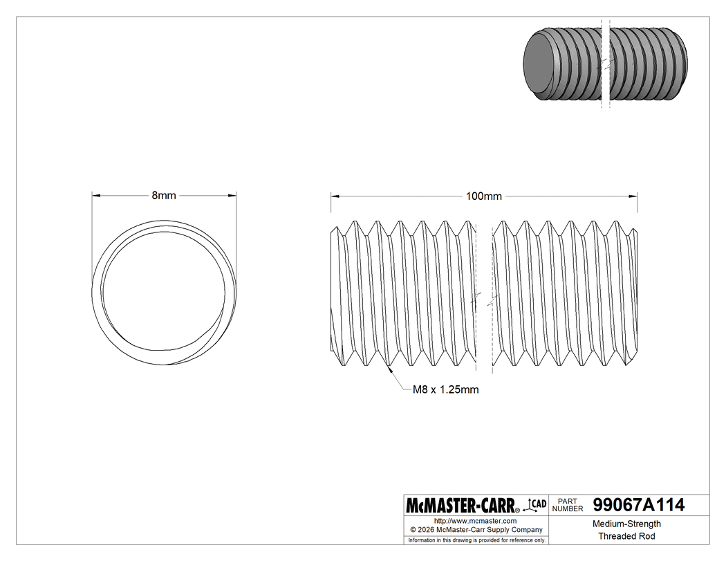 Technical Drawing of Medium-Strength Threaded Rod, Class 8.8 Zinc-Plated Steel, M8 x 1.25 mm Thread, 100 mm Long.
